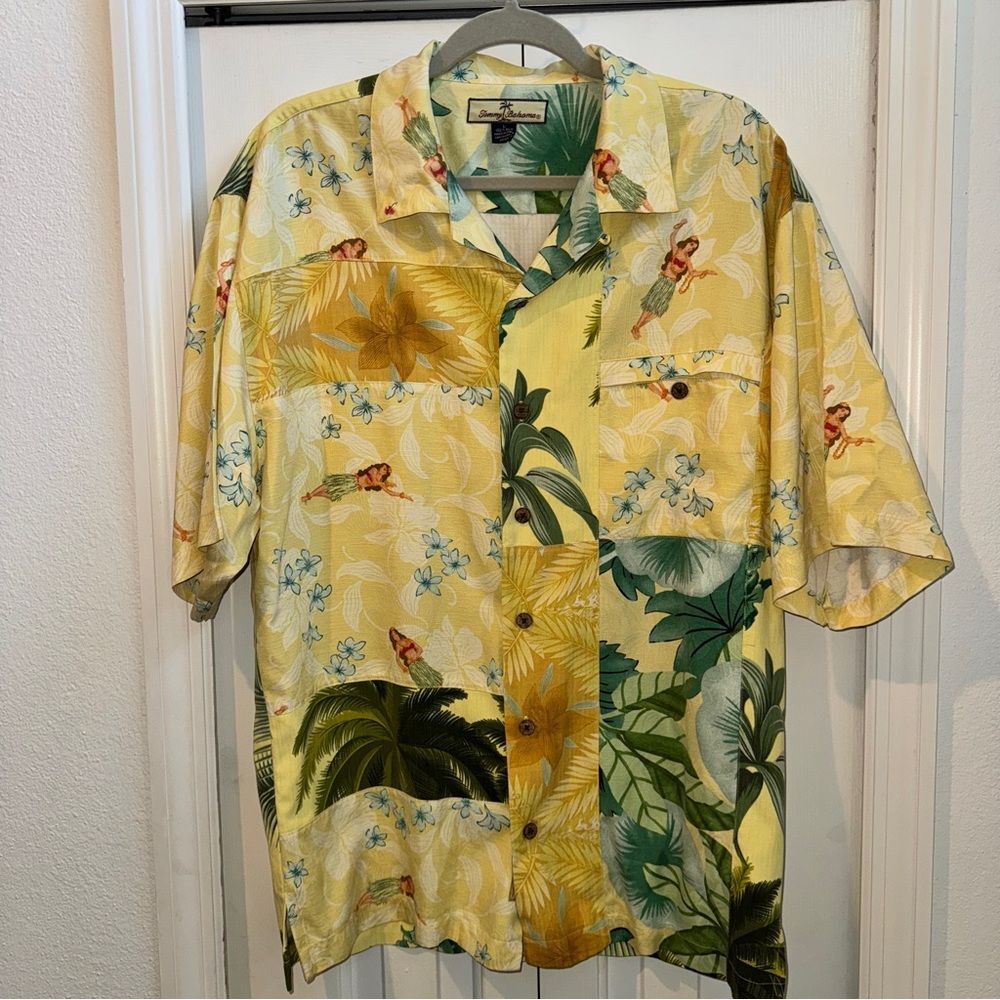 Tommy Bahama Silk Relax Button Front Hula Girl Hawaiian Tropical Patchwork Shirt